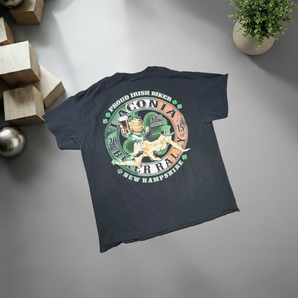 Vintage Laconia Biker Rally 2015 Graphic T Shirt XL Black Leprechaun Y2K Skater
